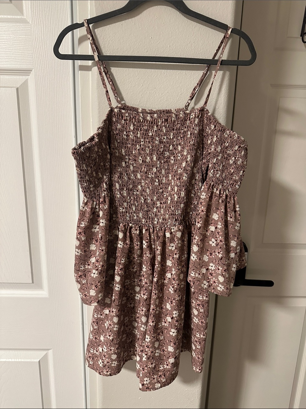 Floral Smocked Cold-Shoulder Mini Dress - Mauve Pink